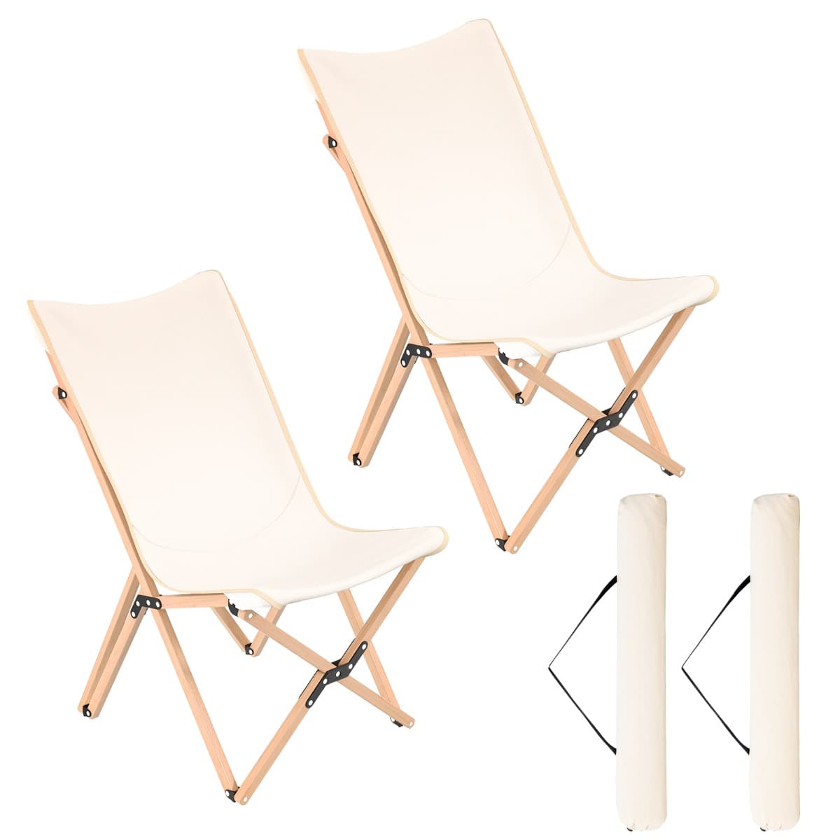 CostwayLot de 2 Chaises Pliante de Jardin Extérieur Chaise Camping Portable Bambou avec Sac de Transport Chaise Charge 150 KG Beige